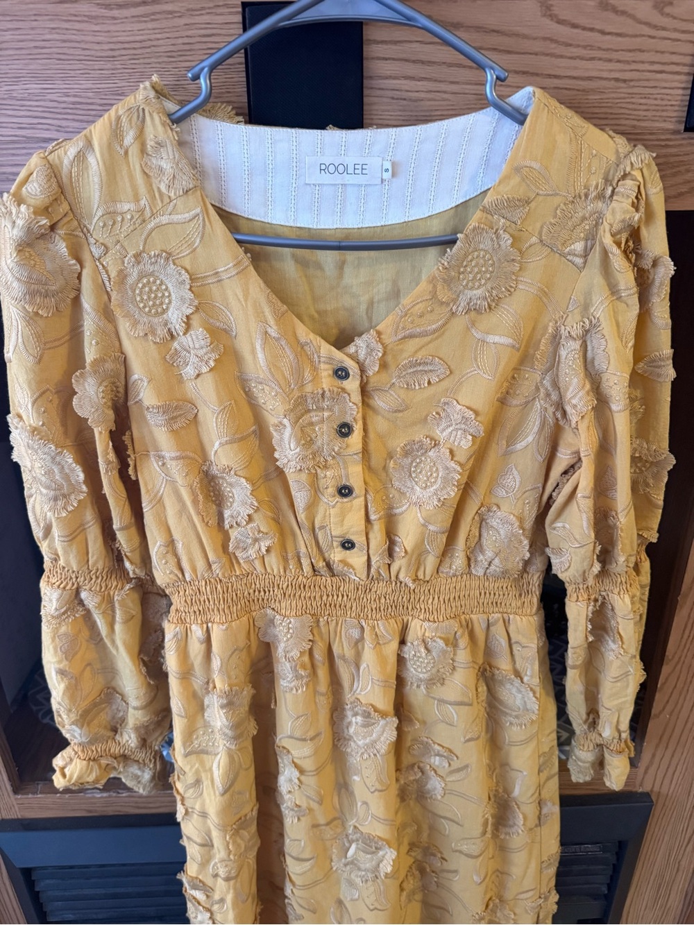 Roolee Yellow Embroidered Floral Midi Dress
